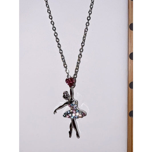 Colorful Crystal Ballerina Dancer Pendant Necklace Silver Chain