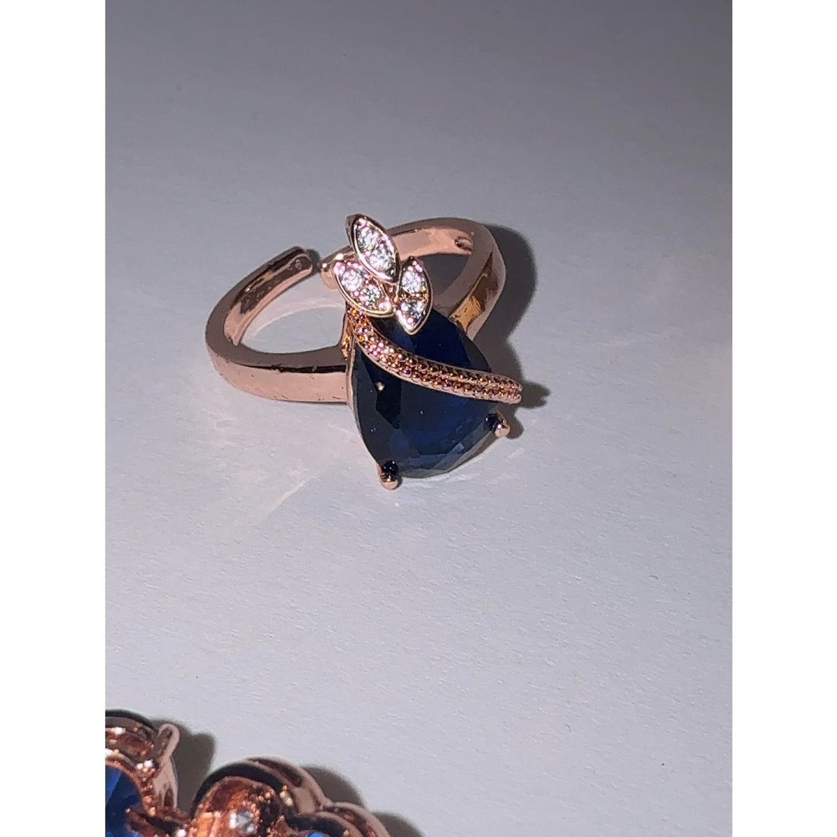 Rose Gold Blue Sapphire Teardrop Jewelry Set 4pc Necklace Bracelet Ring Earrings