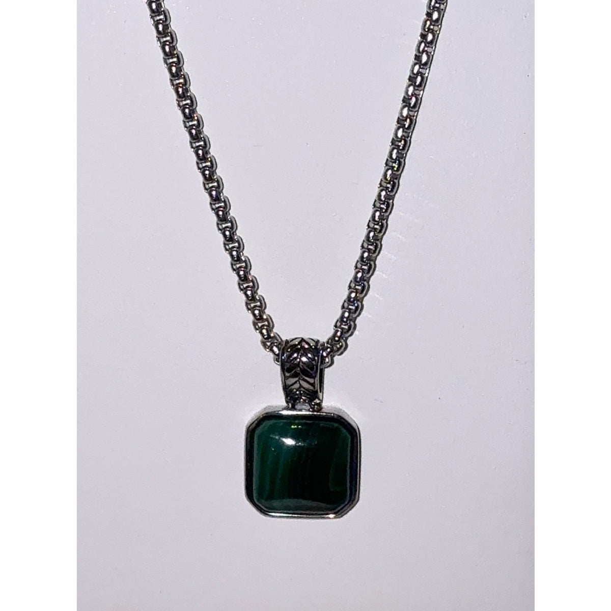 Men’s Stainless Steel Green Malachite Pendant Necklace 24"