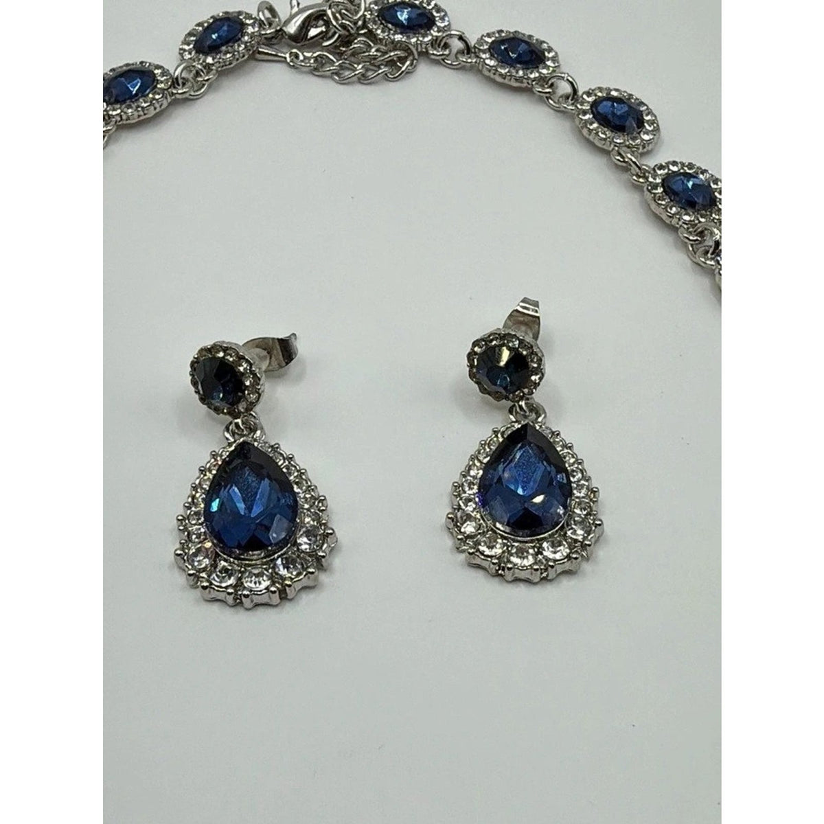 Elegant Art Deco Sapphire Blue Rhinestone Jewelry Set Necklace & Earrings