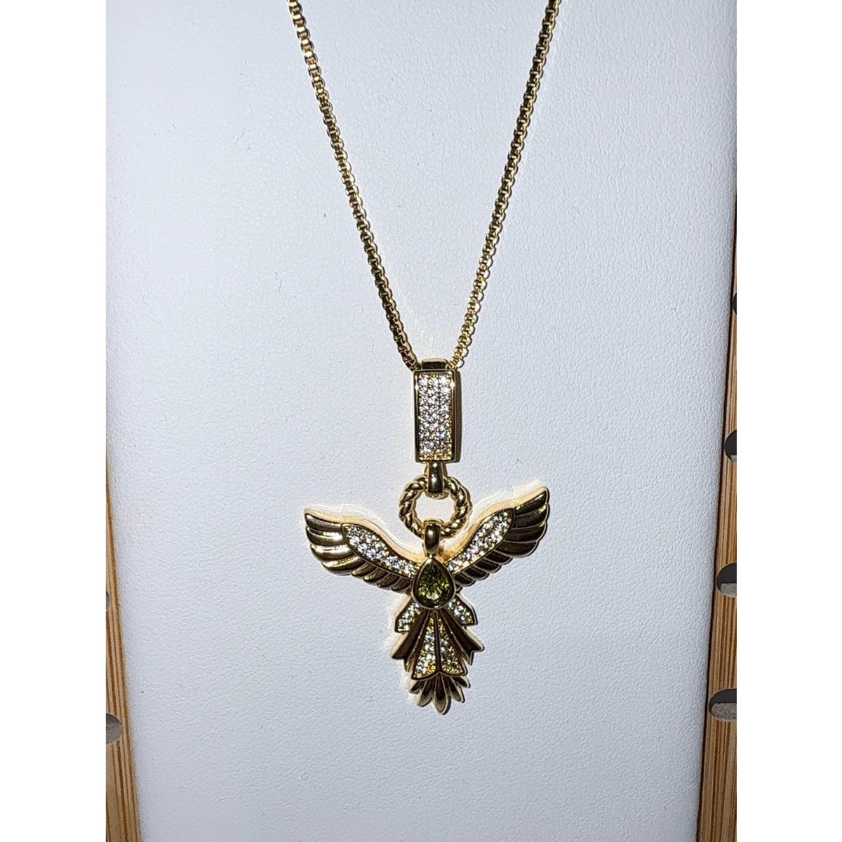 14K Gold Plated Holy Spirit Dove Pendant Necklace with Green Crystal 20”