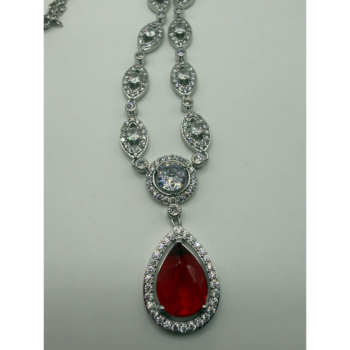AAA Cubic Zirconia Red Teardrop Pendant Necklace & Dangle Earrings Set