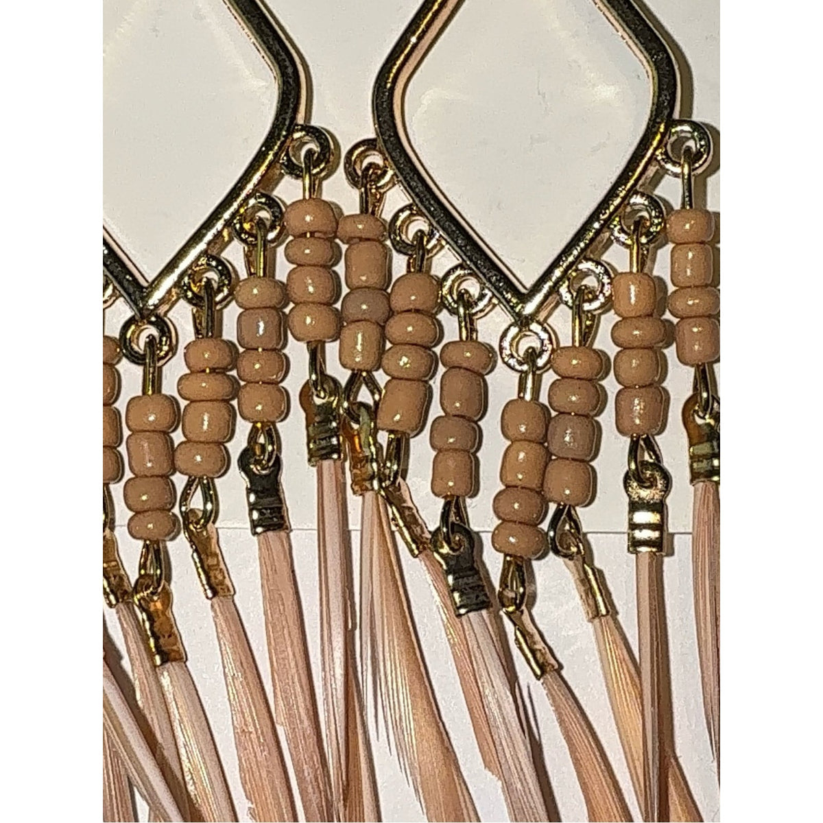 Boho Gold Diamond Feather Dangle Earrings Light Pink