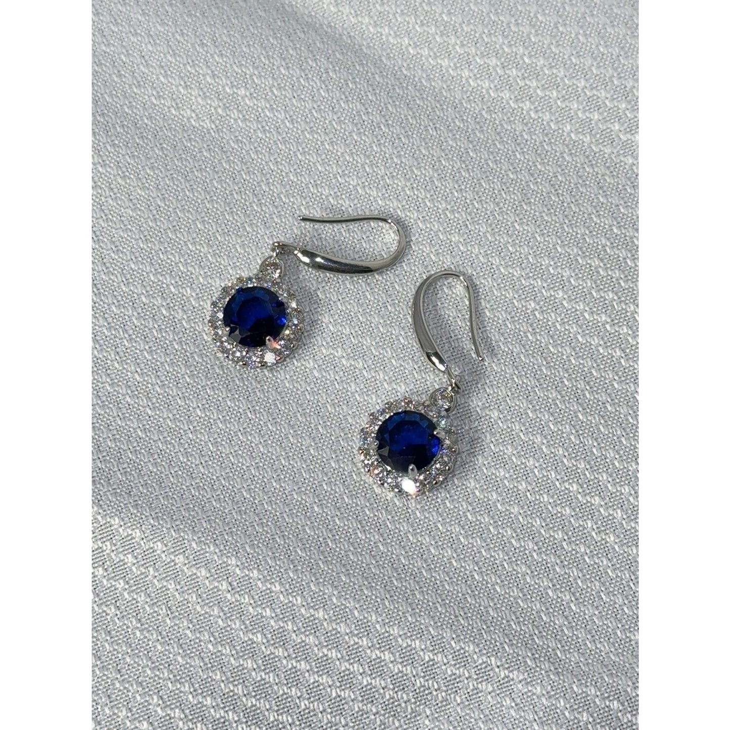 925 Sterling Silver Royal Blue Sapphire CZ Halo Dangle Earrings