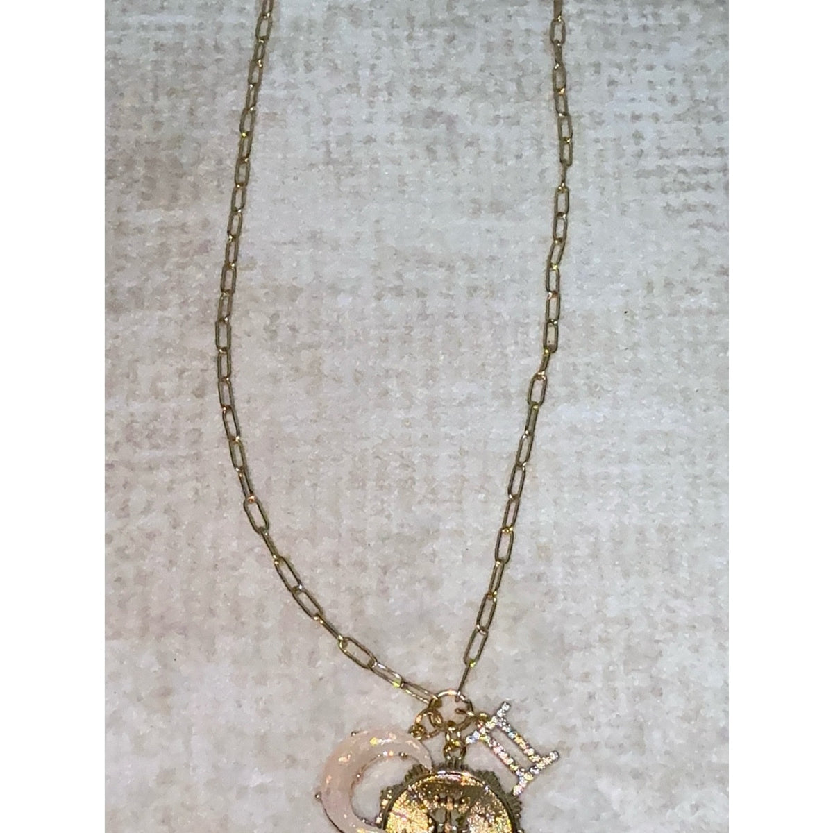 Gold Plated Gemini Zodiac Multi-Charm Paperclip Chain Necklace