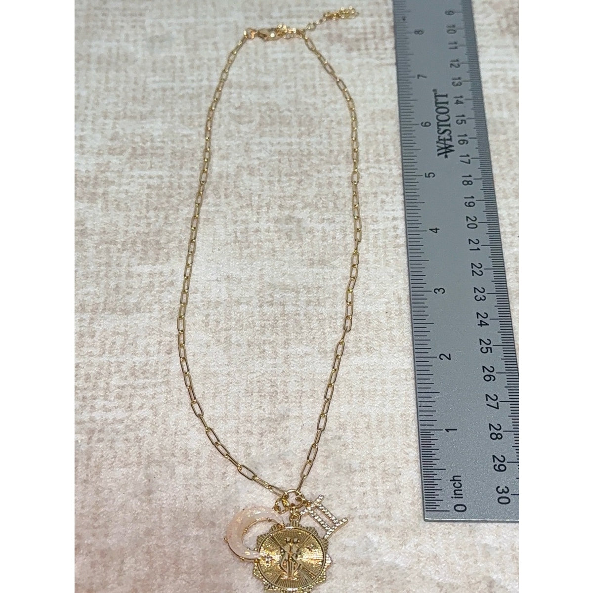 Gold Plated Gemini Zodiac Multi-Charm Paperclip Chain Necklace