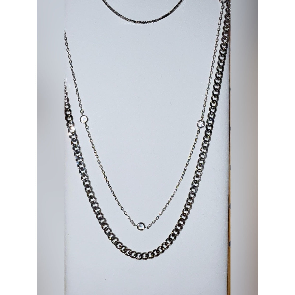 3 Layered Stainless Steel Silver Tone Crystal Station Necklace