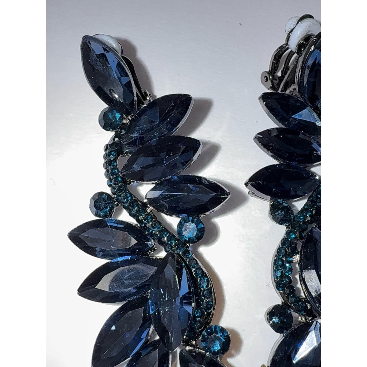 Navy Blue Crystal Marquise Flower Chandelier Clip-On Dangle Earrings