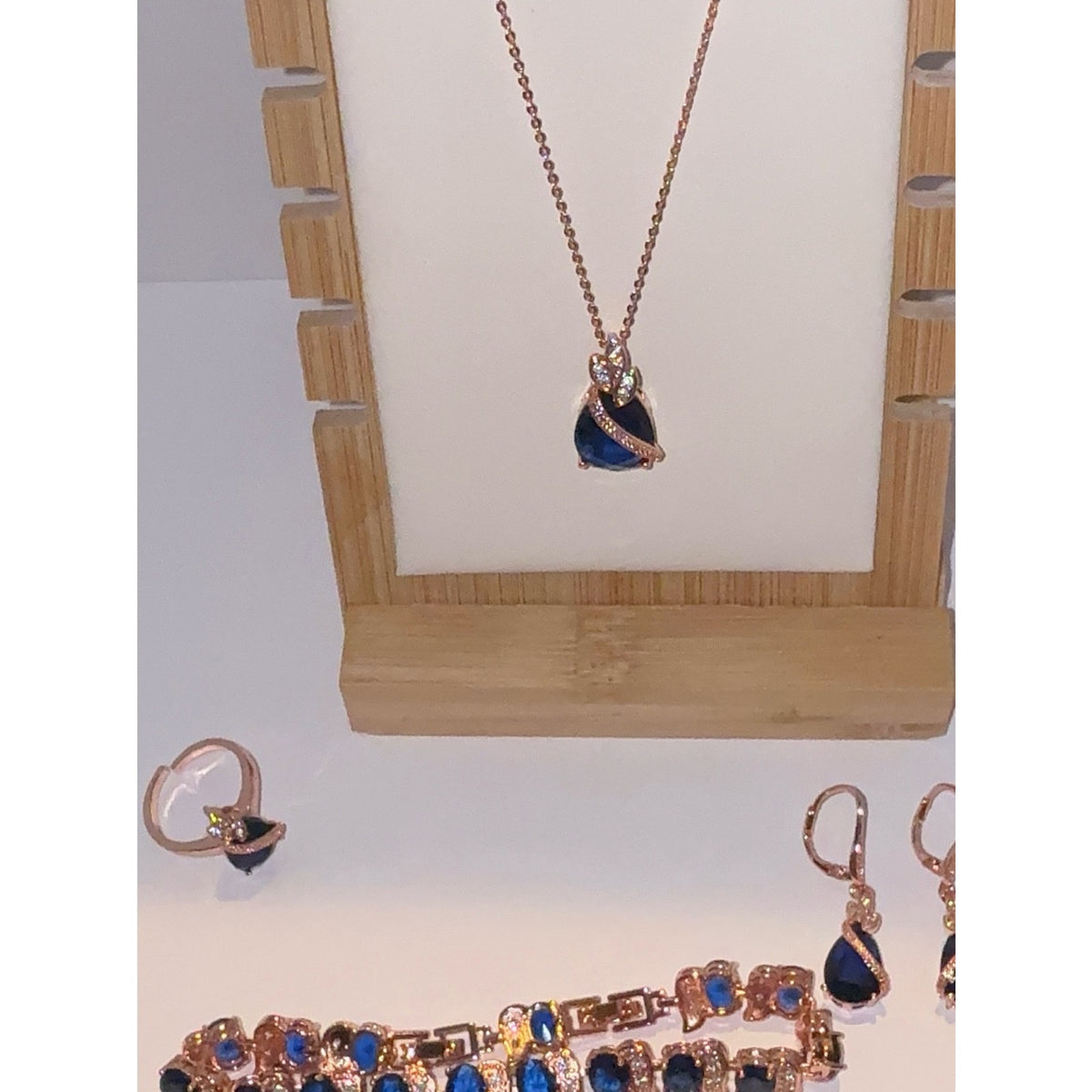 Rose Gold Blue Sapphire Teardrop Jewelry Set 4pc Necklace Bracelet Ring Earrings