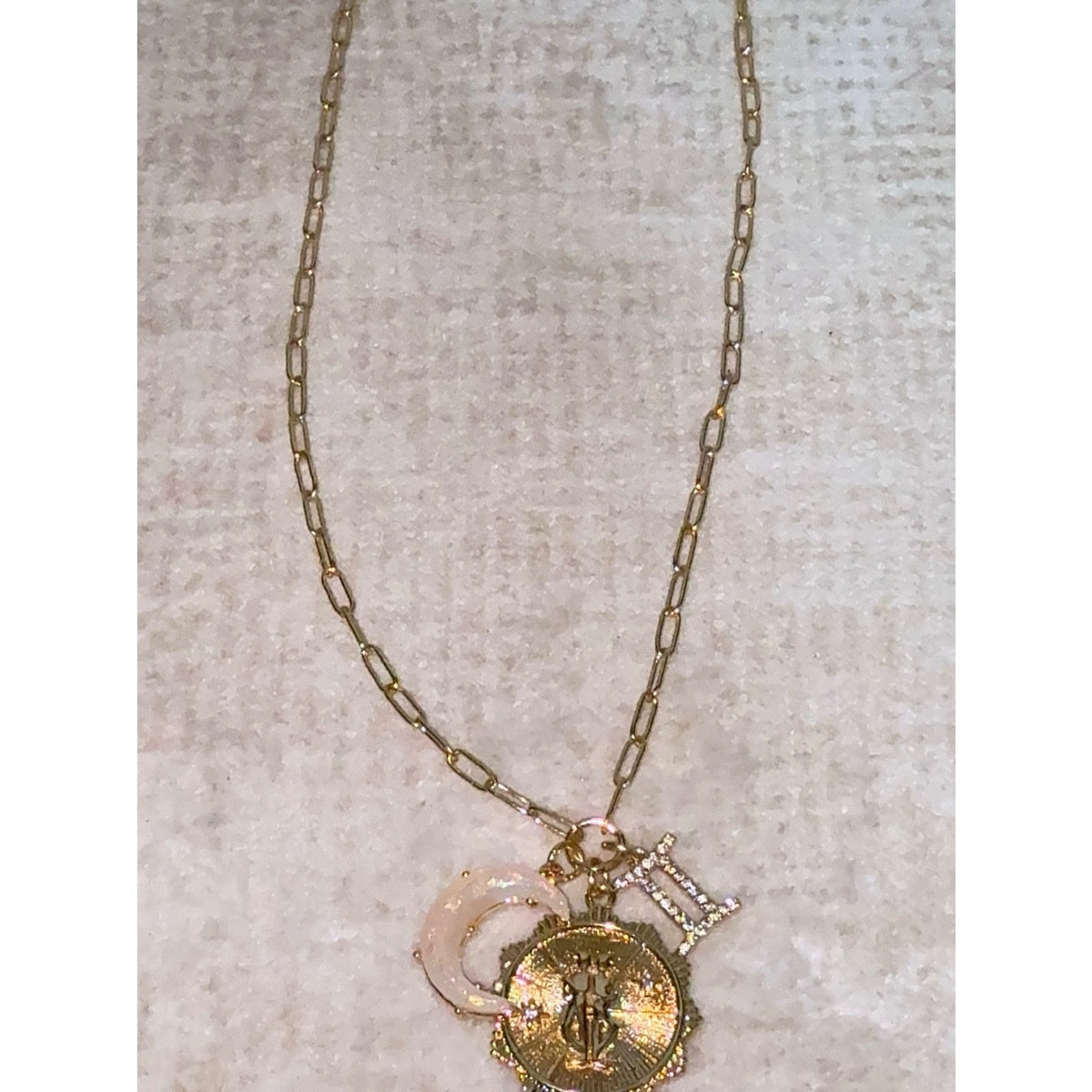 Gold Plated Gemini Zodiac Multi-Charm Paperclip Chain Necklace