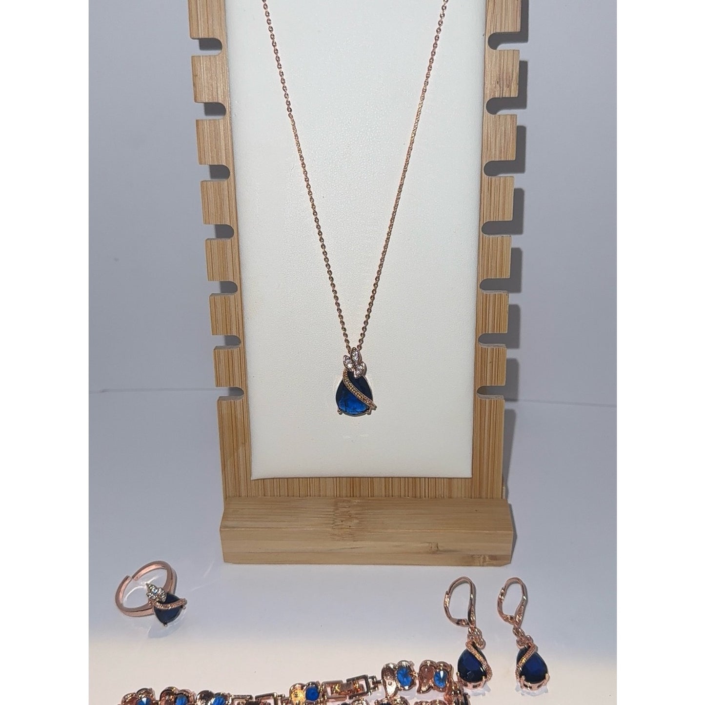 Rose Gold Blue Sapphire Teardrop Jewelry Set 4pc Necklace Bracelet Ring Earrings