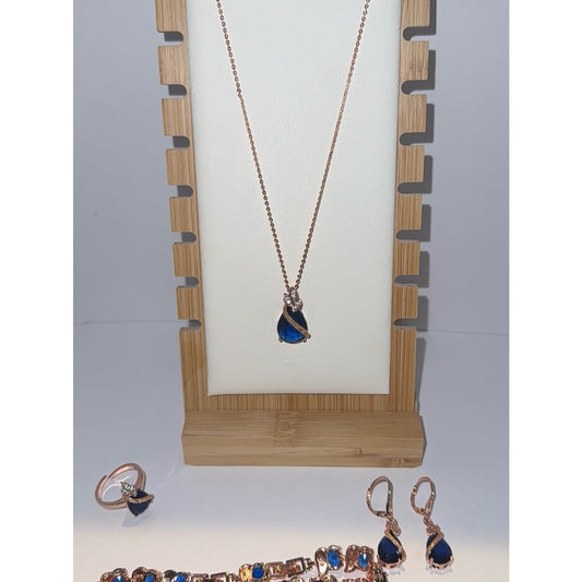 Rose Gold Blue Sapphire Teardrop Jewelry Set 4pc Necklace Bracelet Ring Earrings