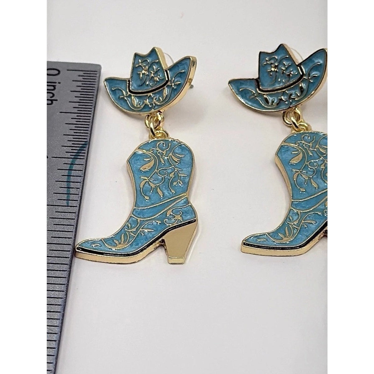 Western Turquoise Cowgirl Hat & Boot Dangle Earrings Gold Tone