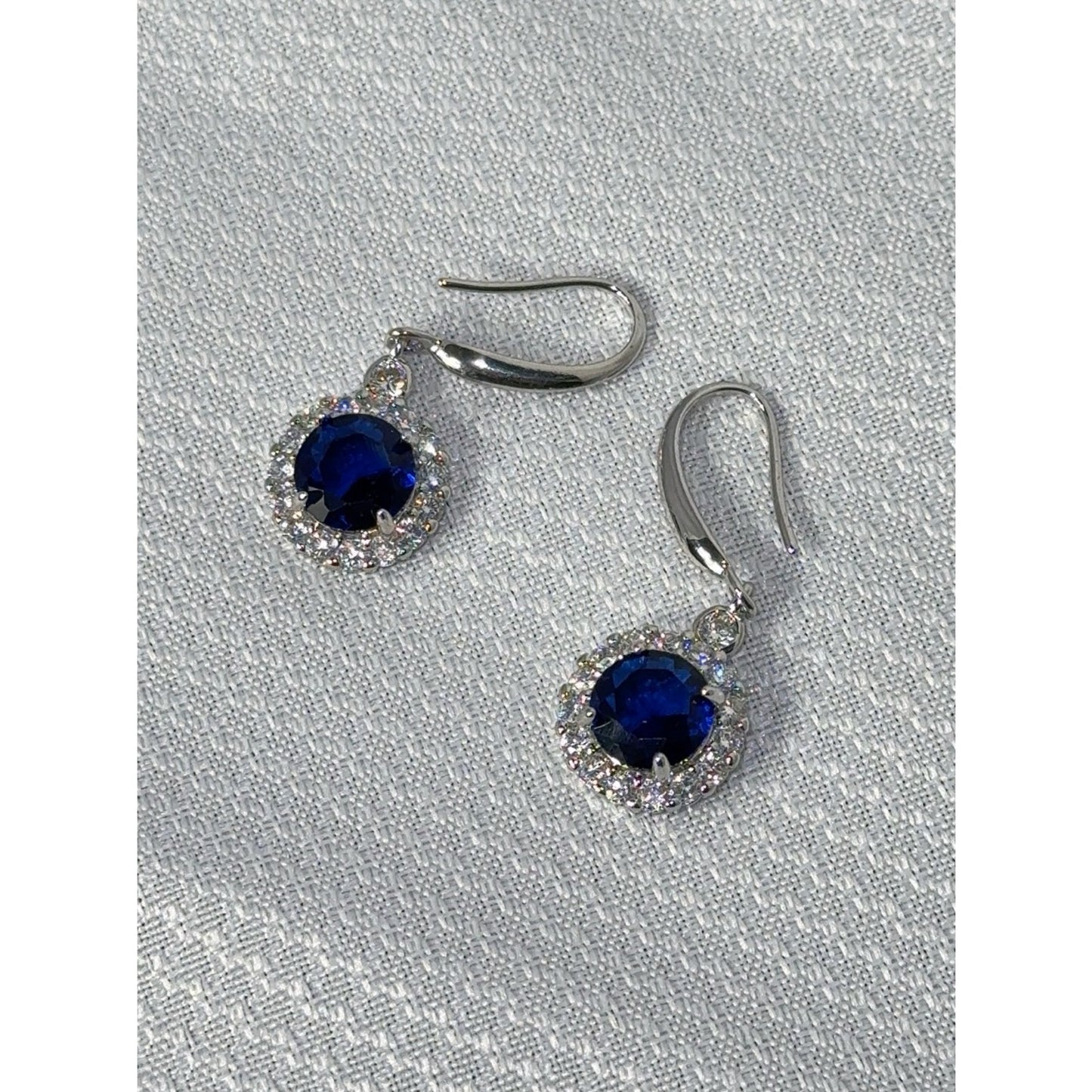 925 Sterling Silver Royal Blue Sapphire CZ Halo Dangle Earrings