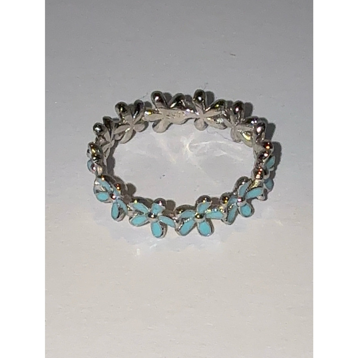 Silver Flower Band Ring with Turquoise Enamel 6