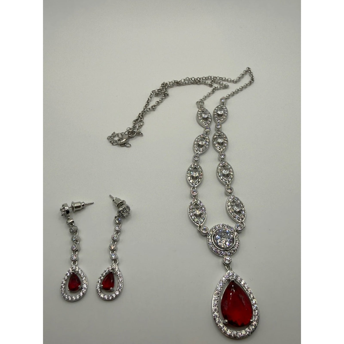 AAA Cubic Zirconia Red Teardrop Pendant Necklace & Dangle Earrings Set