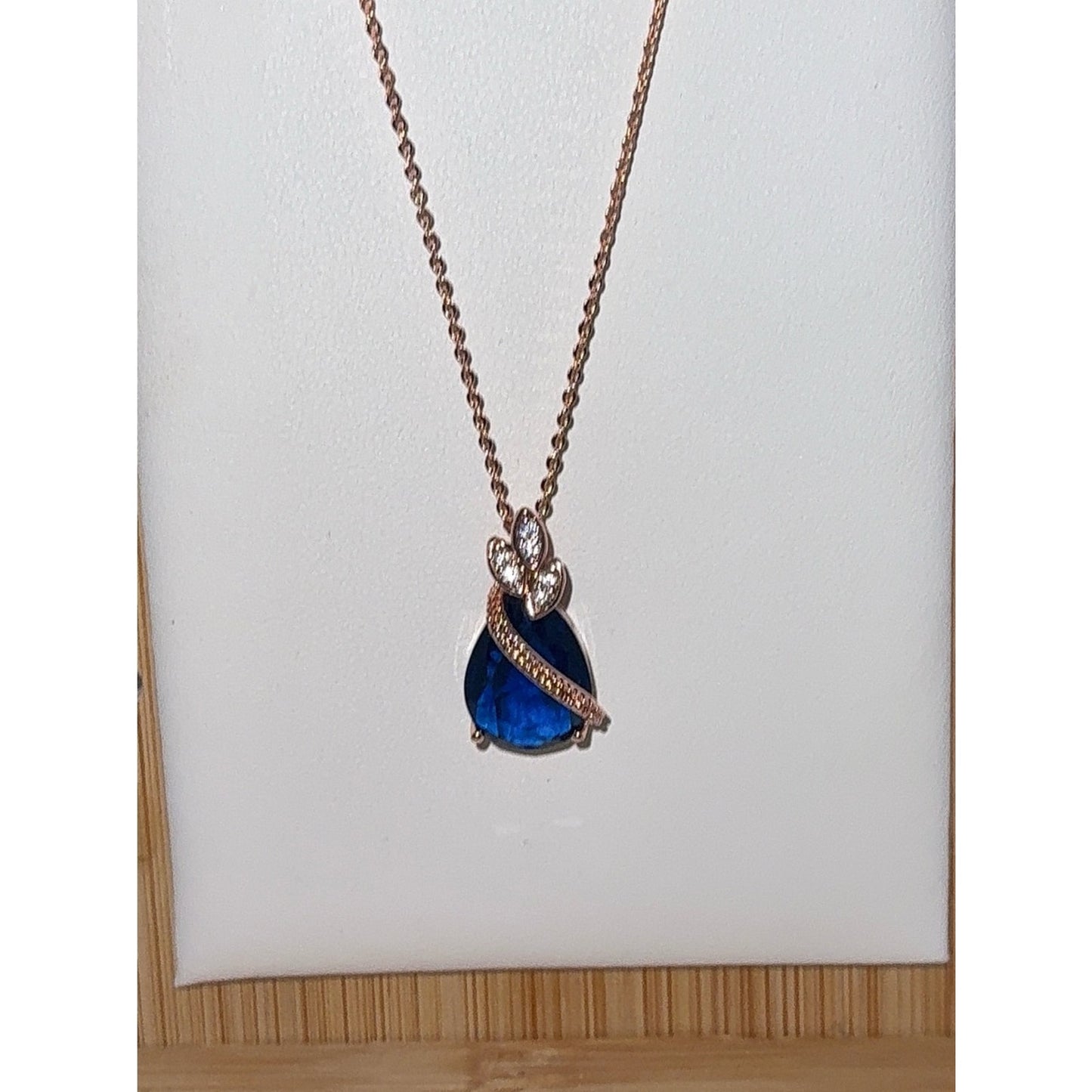 Rose Gold Blue Sapphire Teardrop Jewelry Set 4pc Necklace Bracelet Ring Earrings