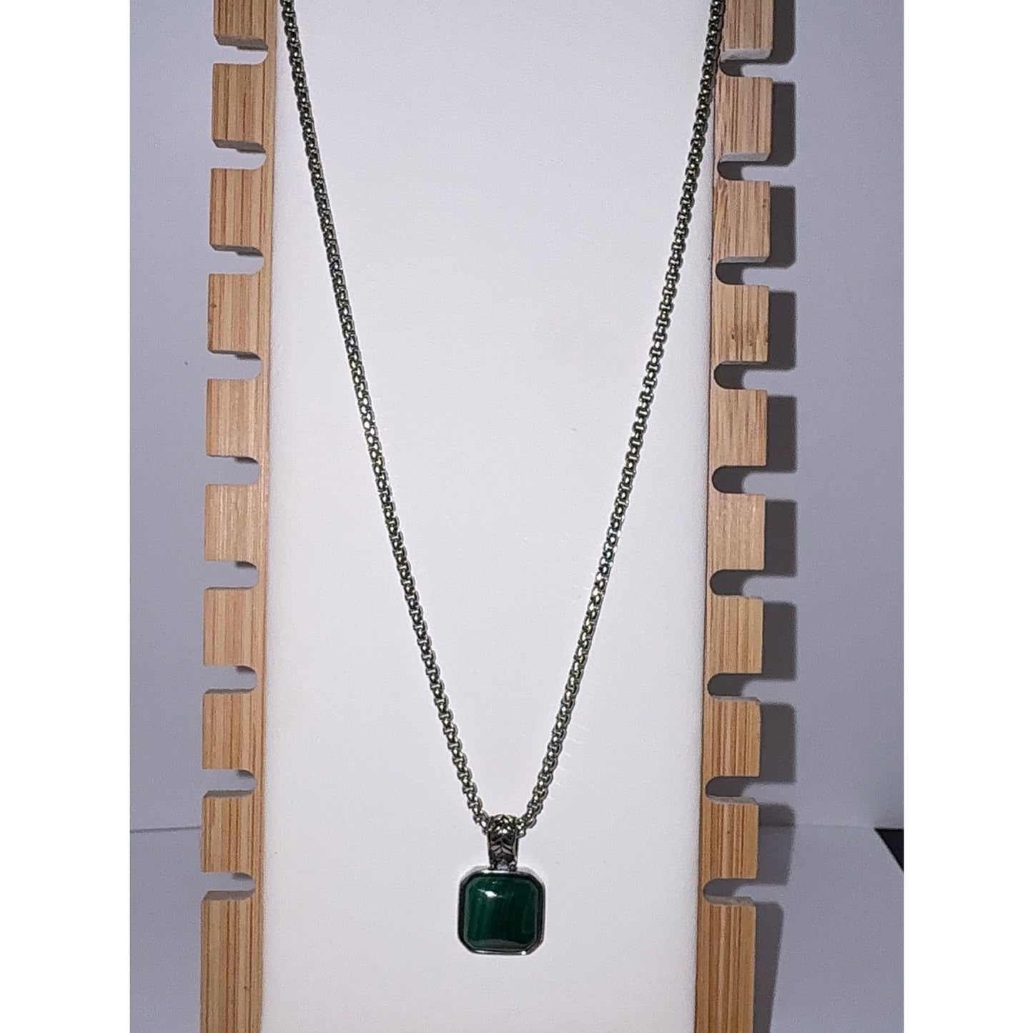 Men’s Stainless Steel Green Malachite Pendant Necklace 24"