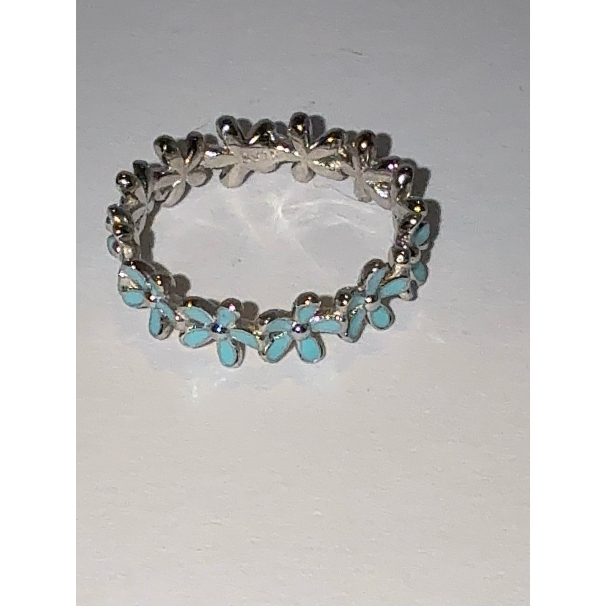 Silver Flower Band Ring with Turquoise Enamel 6