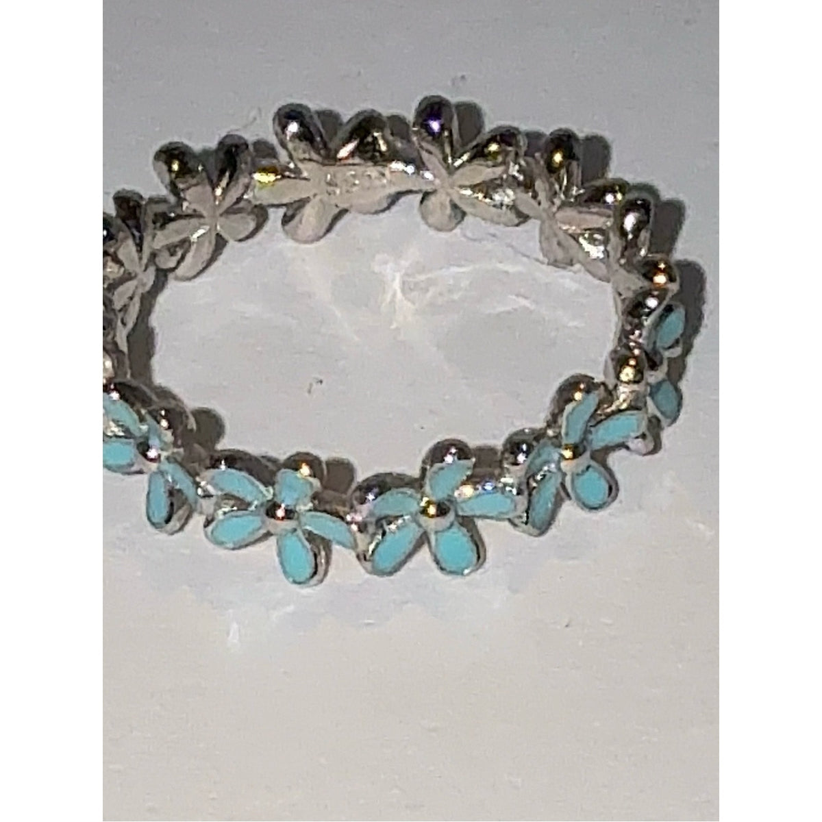 Silver Flower Band Ring with Turquoise Enamel 6