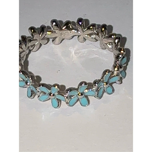 Silver Flower Band Ring with Turquoise Enamel 6