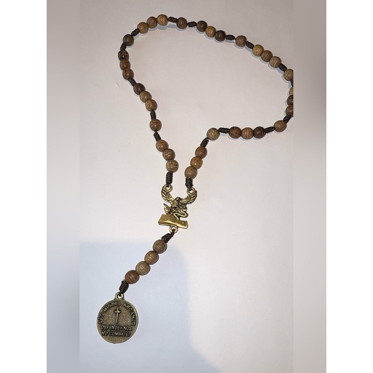 St. Michael Wooden Car Rosary, Saint Medal "Defend Us In Battle" Gold Tone