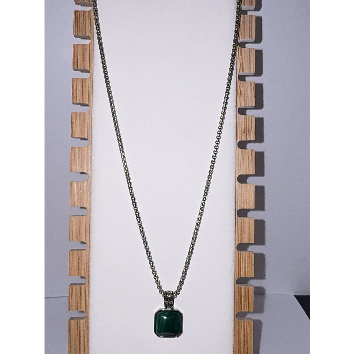 Men’s Stainless Steel Green Malachite Pendant Necklace 24"