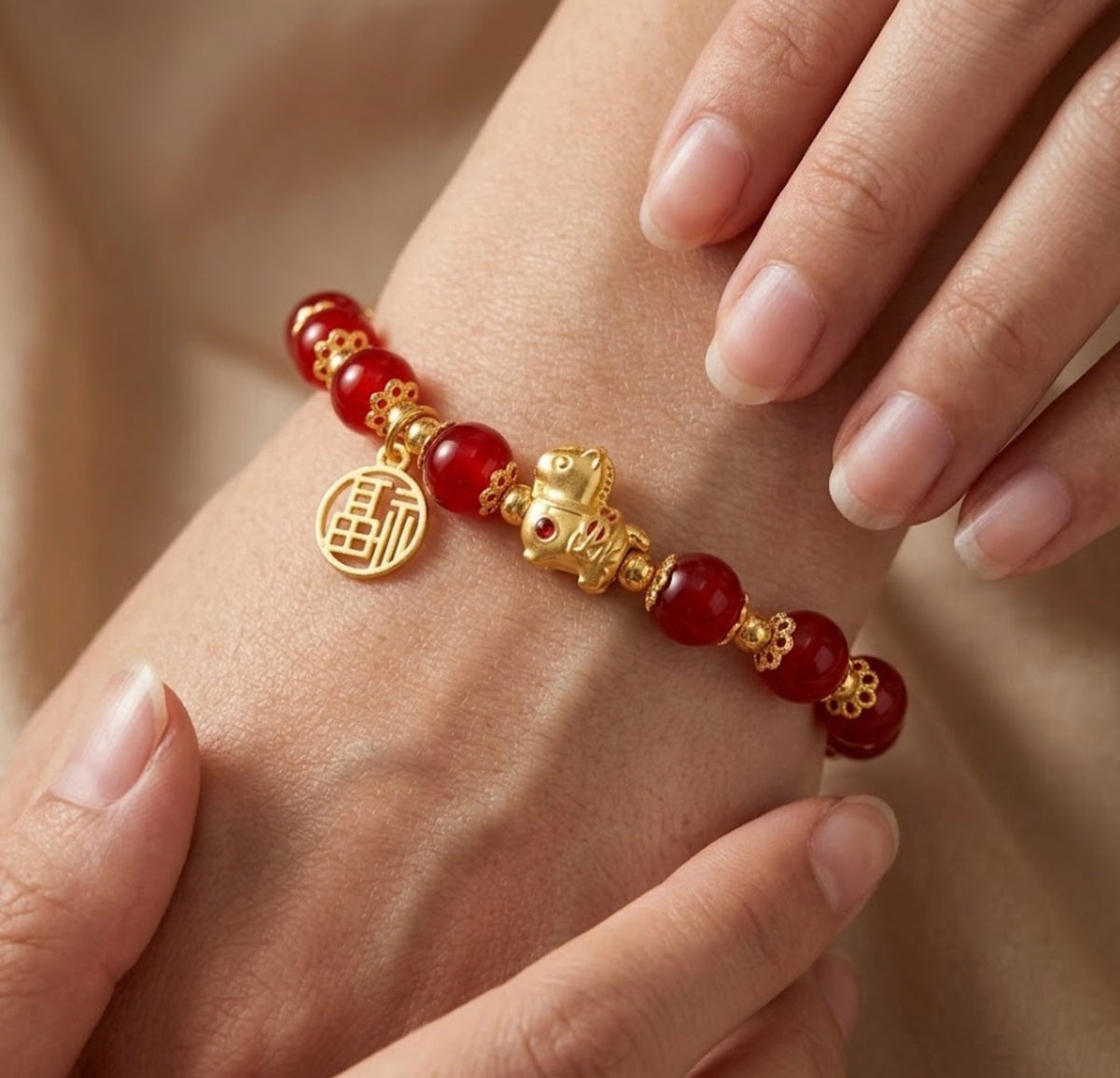 Natural Red Agate Pixiu Bracelet with Gold Fu Charm