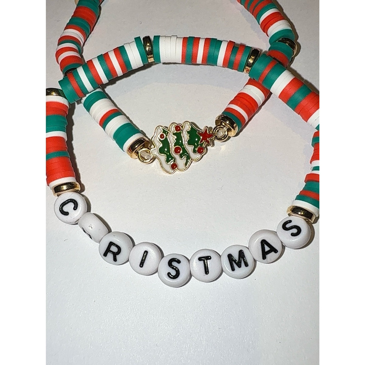Christmas Polymer Clay Bead Bracelet Set | Festive Holiday Jewelry