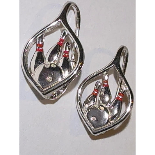 925 Sterling Silver Bowling Pin and Ball Earrings Huggies with Zirconia