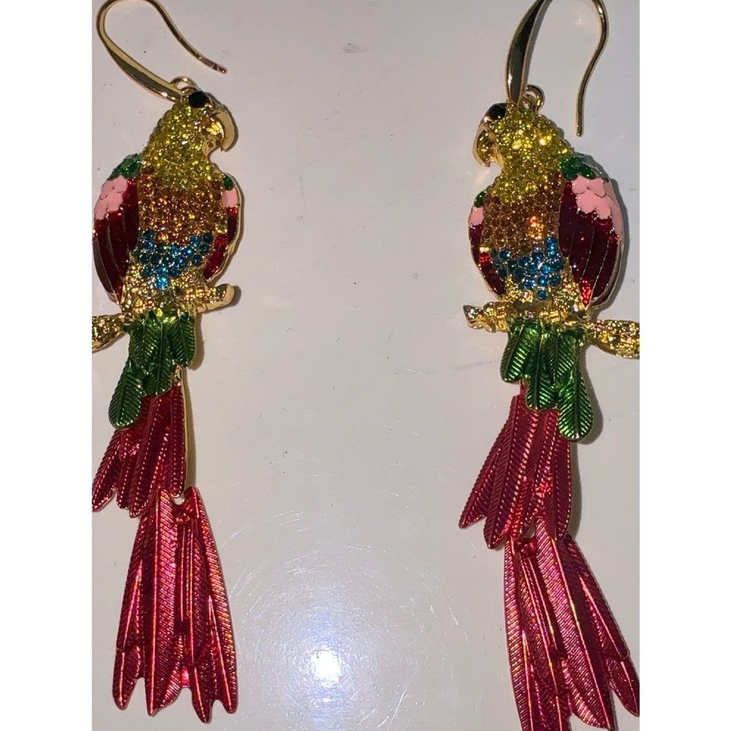 Gold Multicolor Parrot Drop Earrings - Tropical Statement Jewelry