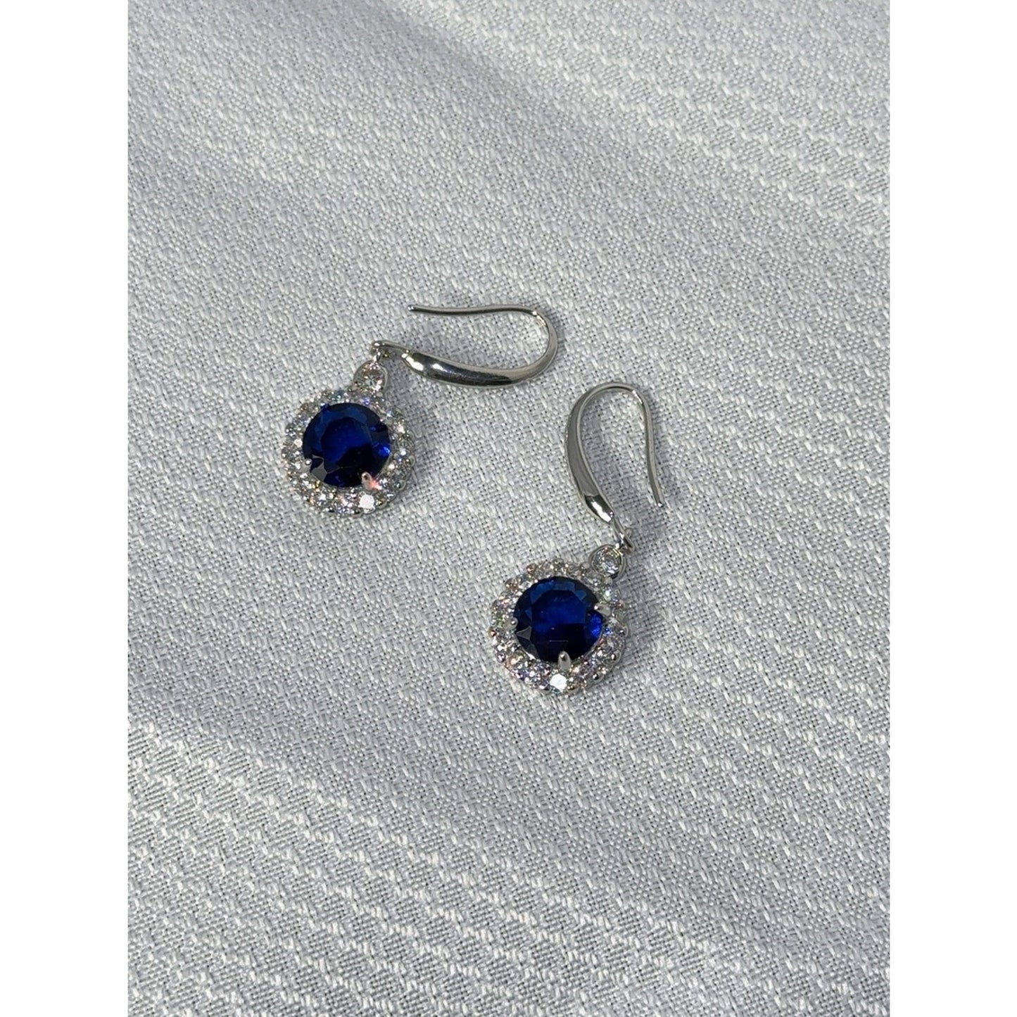 925 Sterling Silver Royal Blue Sapphire CZ Halo Dangle Earrings