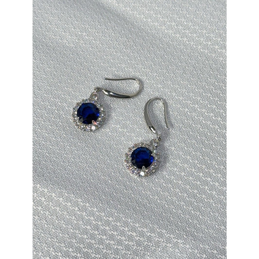 925 Sterling Silver Royal Blue Sapphire CZ Halo Dangle Earrings