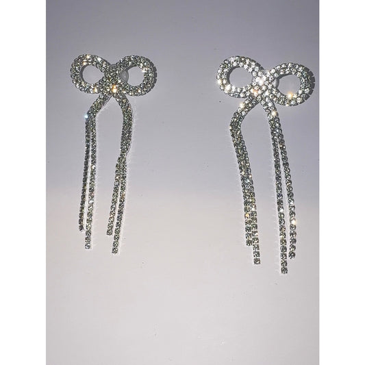 Silver Rhinestone Bow Drop Dangle Earrings Sparkling Bridal Prom