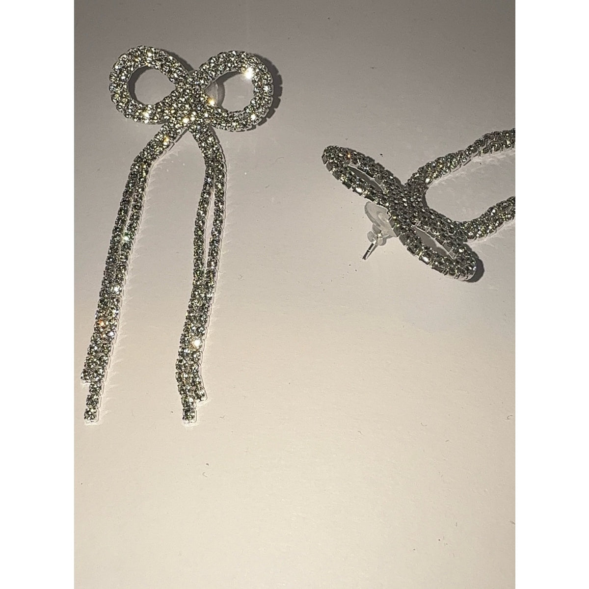 Silver Rhinestone Bow Drop Dangle Earrings Sparkling Bridal Prom