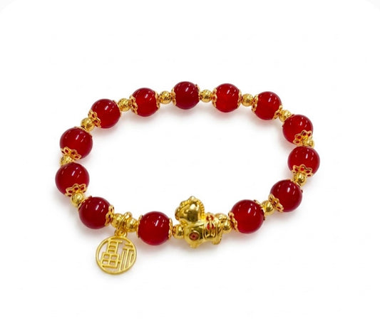 Natural Red Agate Pixiu Bracelet with Gold Fu Charm