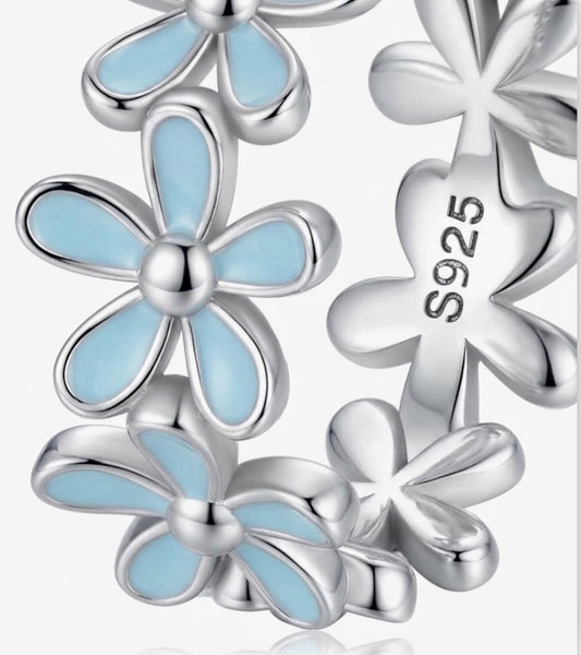 925 Sterling Silver Turquoise Enamel Flower Band Ring – Size 6