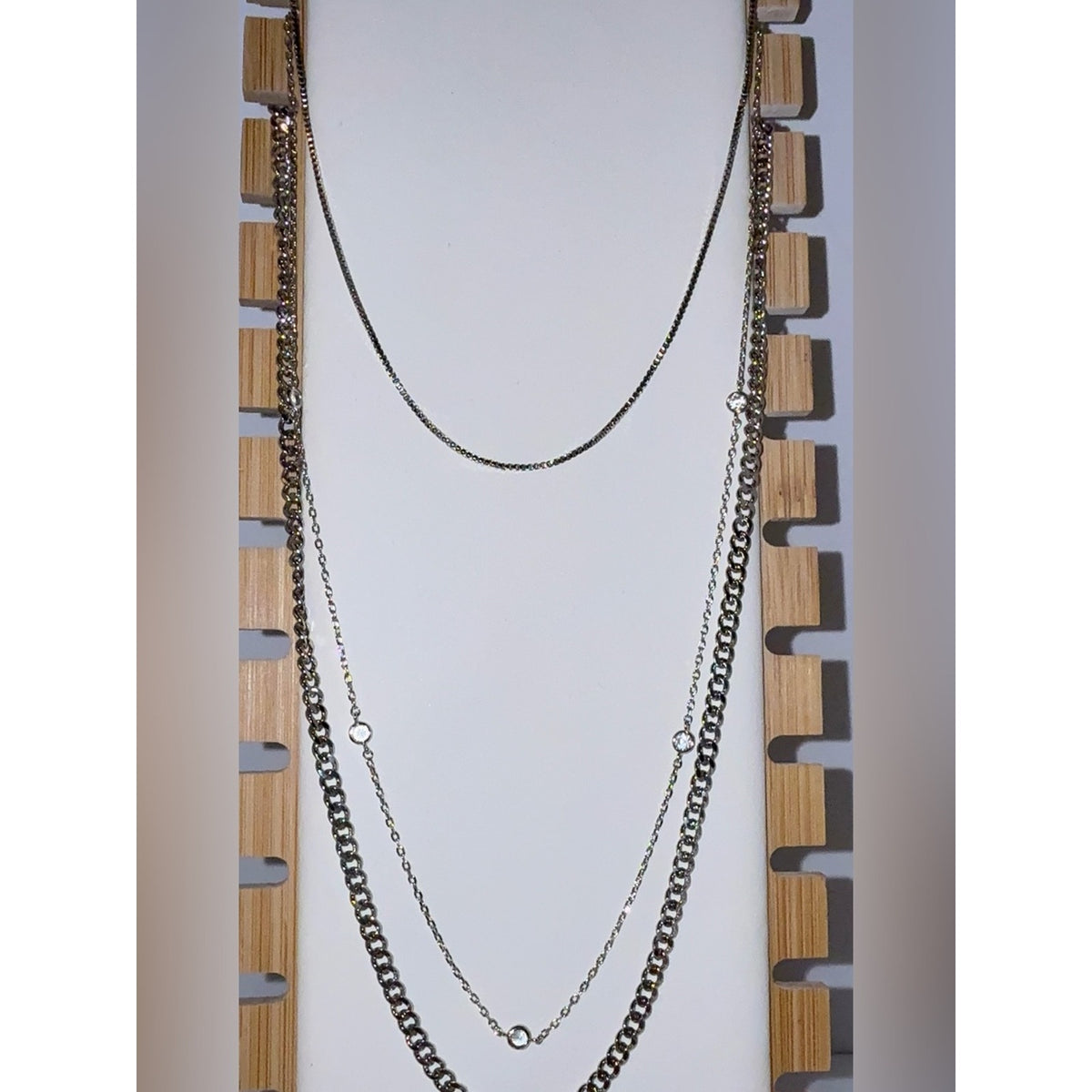 3 Layered Stainless Steel Silver Tone Crystal Station Necklace