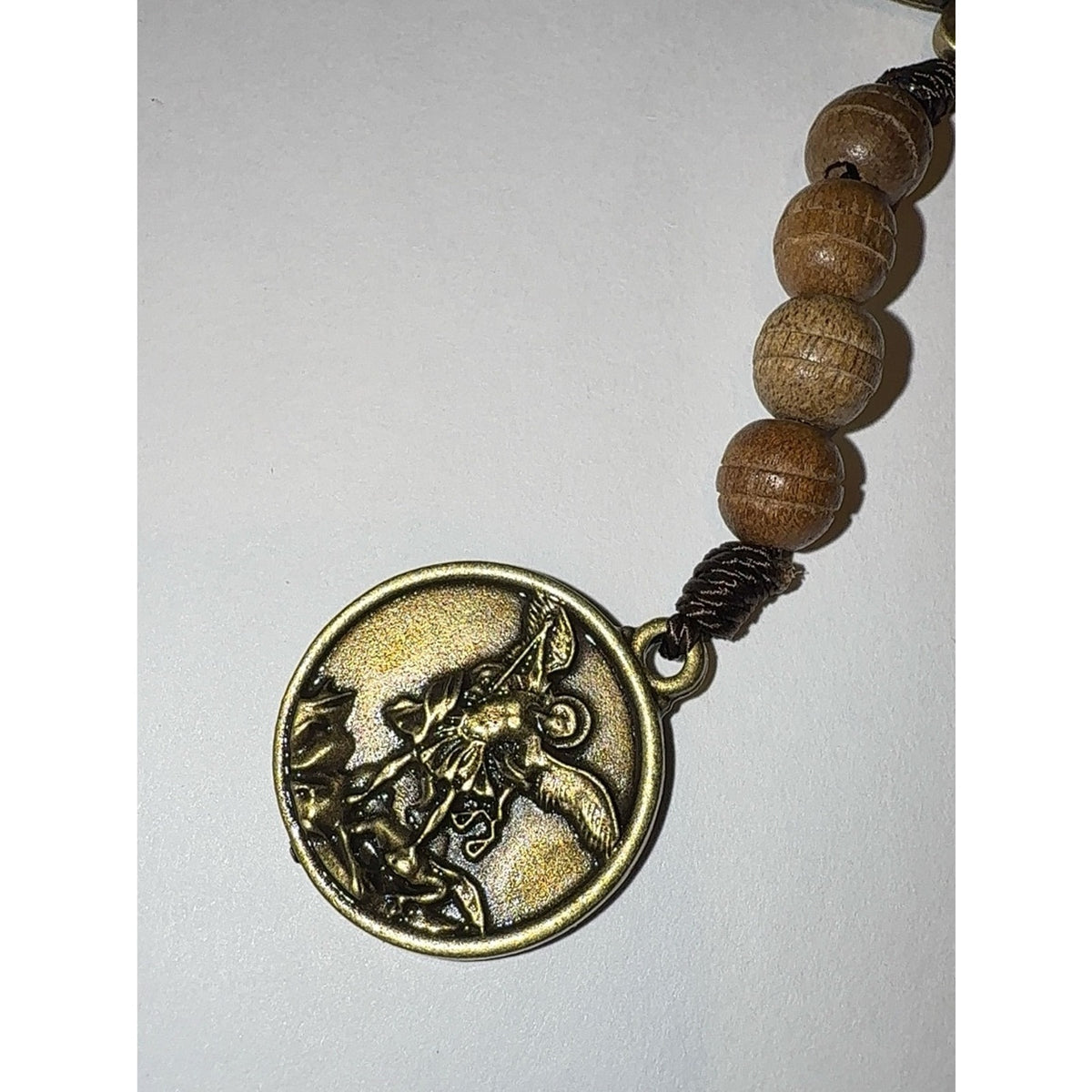 St. Michael Wooden Car Rosary, Saint Medal "Defend Us In Battle" Gold Tone