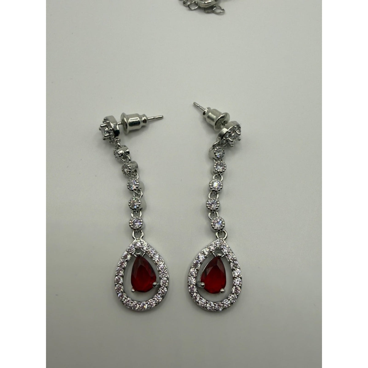 AAA Cubic Zirconia Red Teardrop Pendant Necklace & Dangle Earrings Set