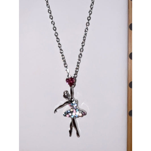 Colorful Crystal Ballerina Dancer Pendant Necklace Silver Chain