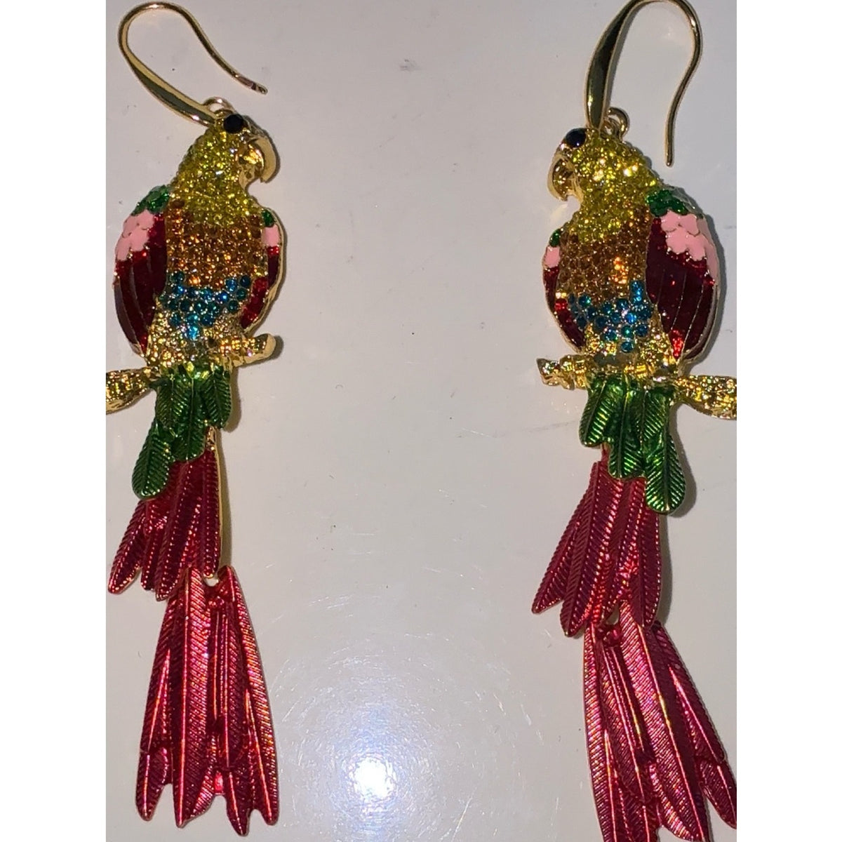 Gold Multicolor Parrot Drop Earrings - Tropical Statement Jewelry