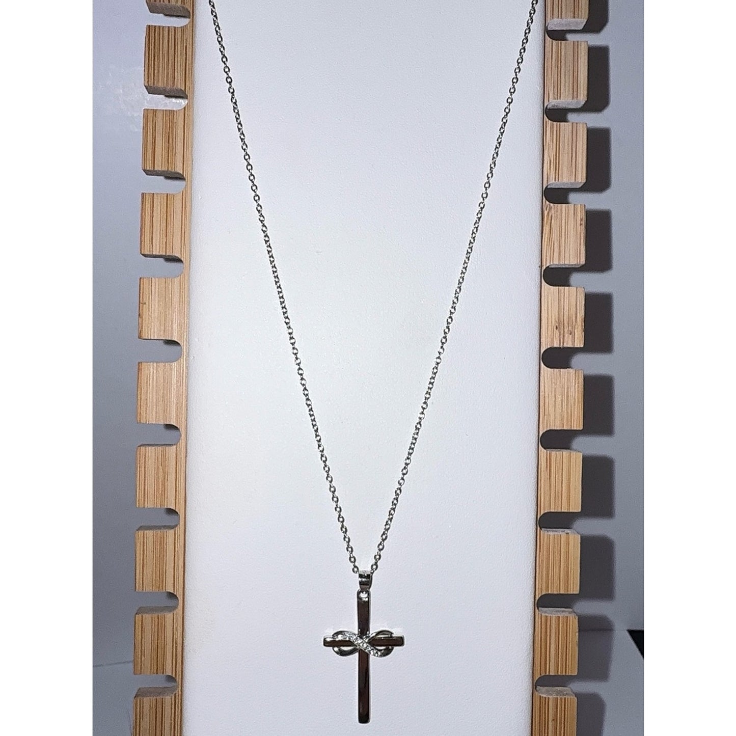 925 Sterling Silver Infinity Cross Necklace 16" CZ
