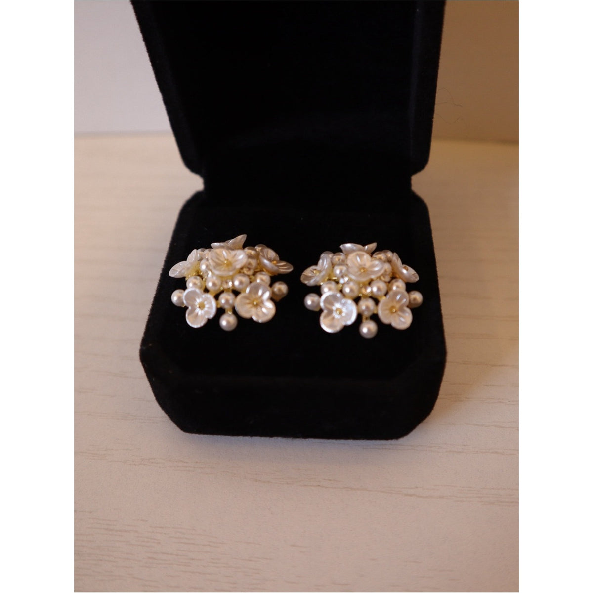 Boho Flower Pearl Stud Earrings Gold Cubic Zirconia Cluster Bridal Sparkle