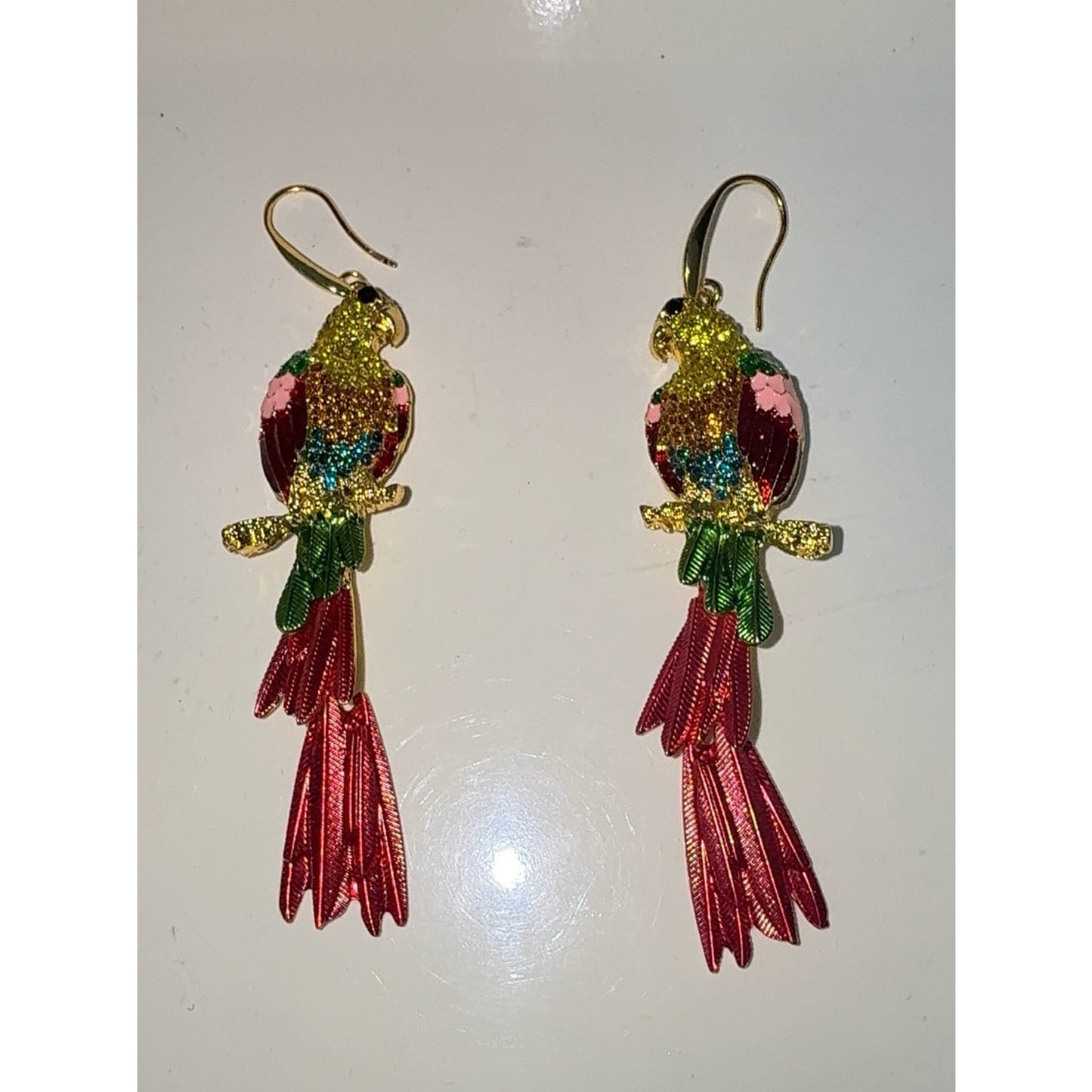 Gold Multicolor Parrot Drop Earrings - Tropical Statement Jewelry