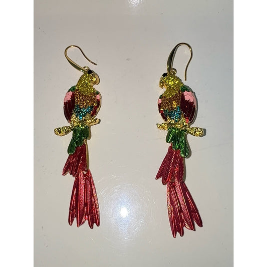 Gold Multicolor Parrot Drop Earrings - Tropical Statement Jewelry