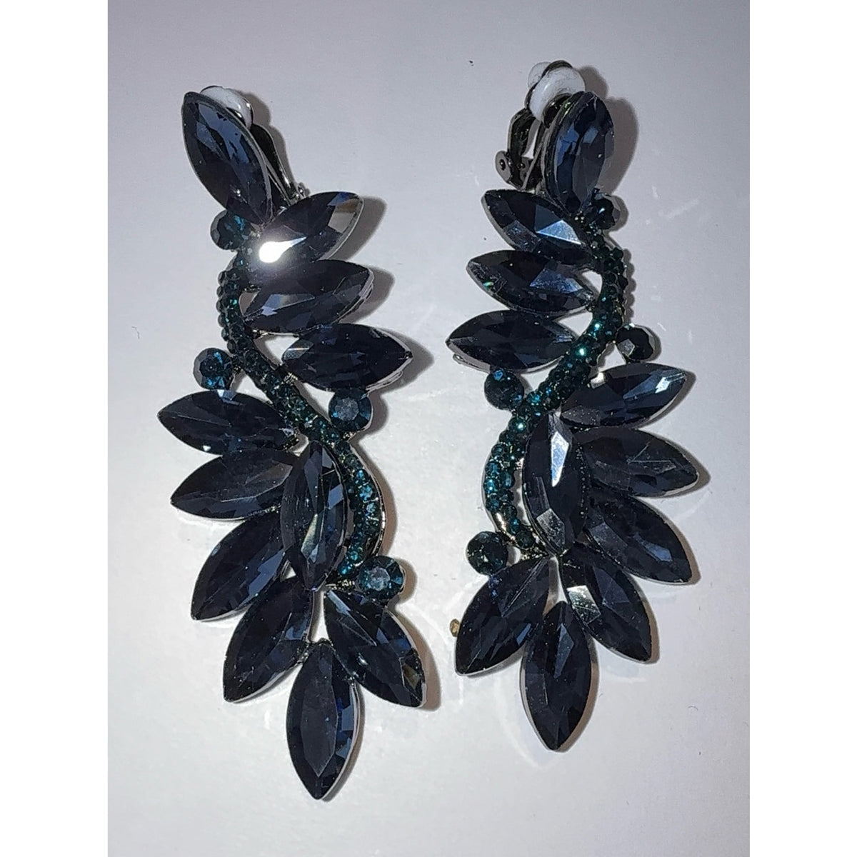 Navy Blue Crystal Marquise Flower Chandelier Clip-On Dangle Earrings