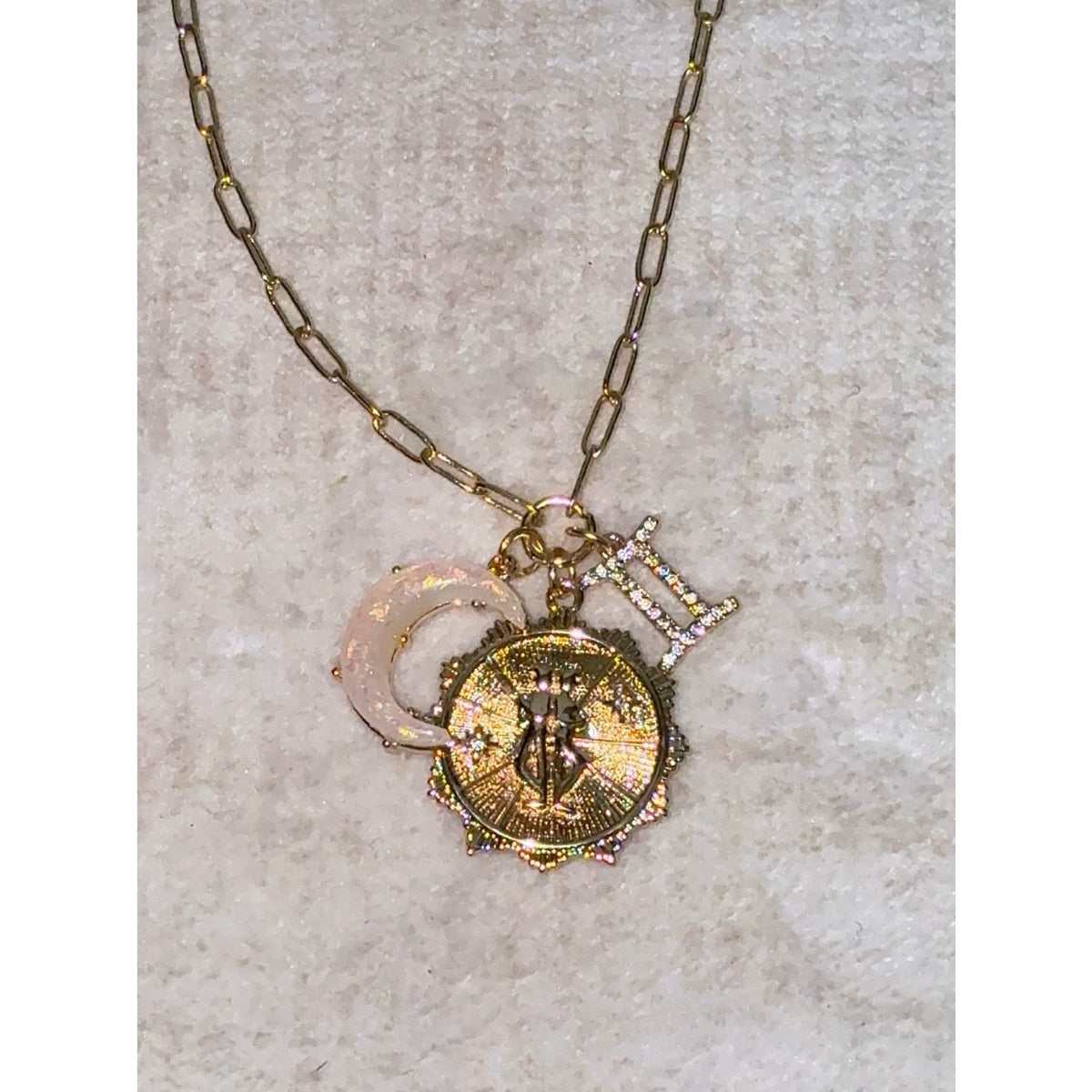Gold Plated Gemini Zodiac Multi-Charm Paperclip Chain Necklace