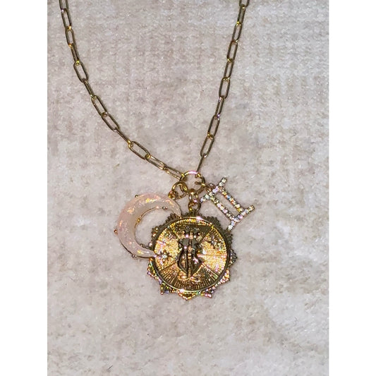 Gold Plated Gemini Zodiac Multi-Charm Paperclip Chain Necklace