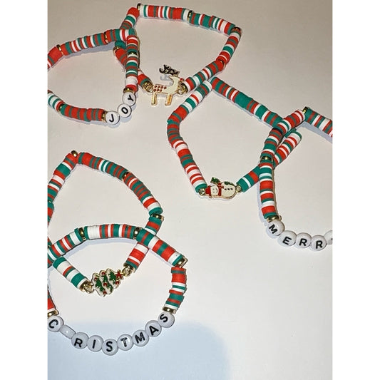 Christmas Polymer Clay Bead Bracelet Set | Festive Holiday Jewelry